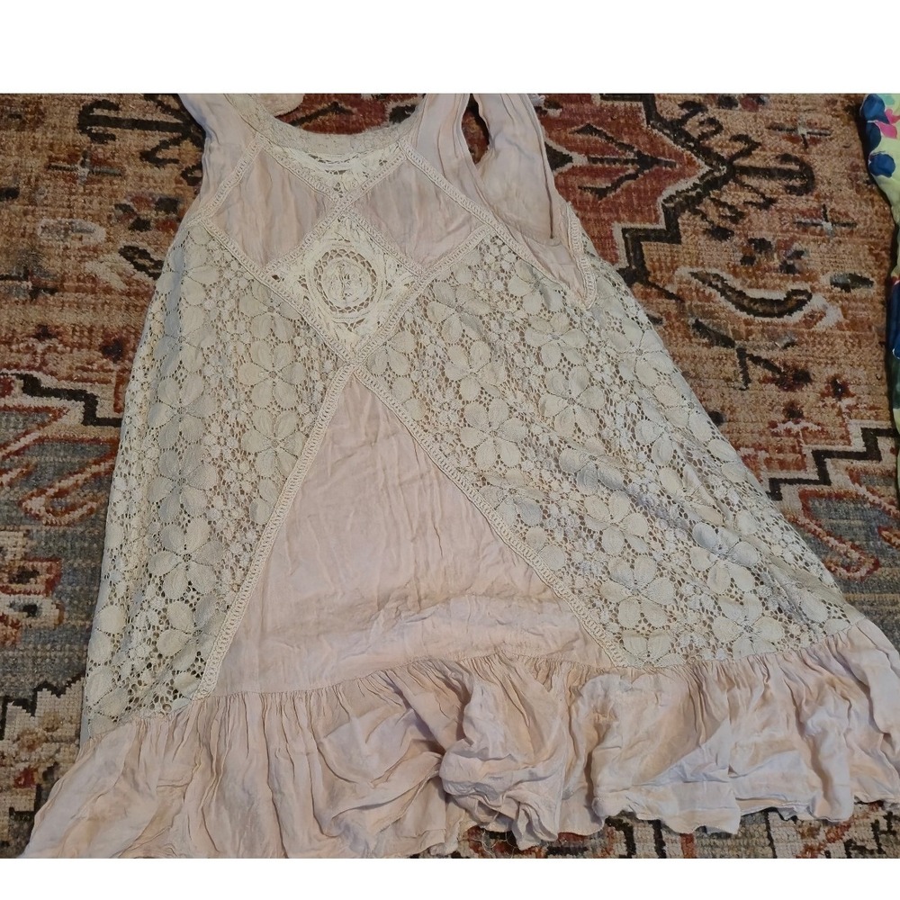 Antoinette Pink Lace Crochet Sleeveless Ruffle‎ Hem Boho Tank Top Medium